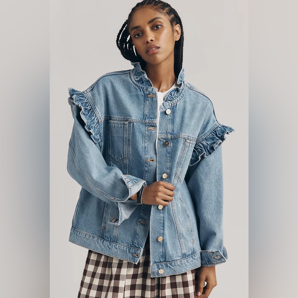 NWT! Anthropologie Maeve Denim Ruffle Trucker Jacket - Size Small Petite
